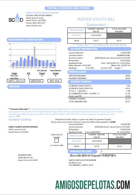 Para baixar modelo de conta de serviços públicos da Divisão de Água de Santa Clarita dos EUA, Califórnia, Santa Clarita (SCWD) em formatos Word e PDF